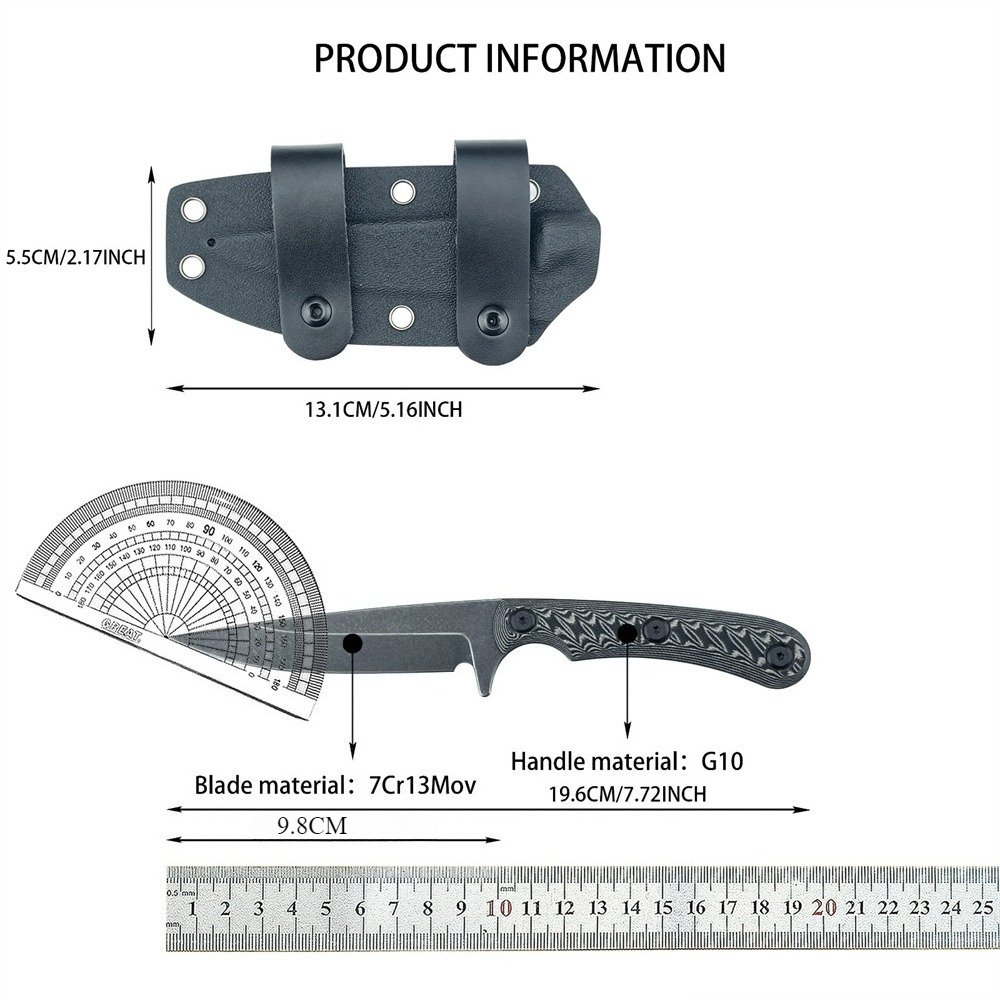 Edc Carry Fixed Blade Knife - Full-Tang-Messer mit feststehender Klinge, 7Cr13MoV-Stahl, EDC-Geradmesser,