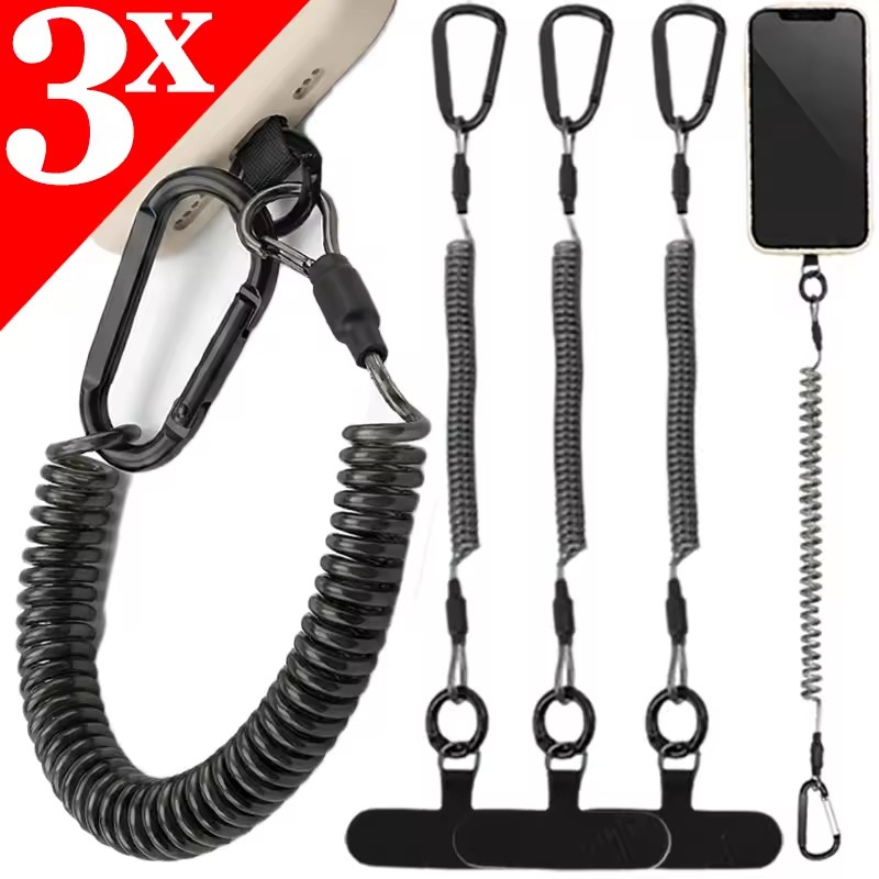 Carabiner Keychain - Diebstahlsichere, flexible Handykordel mit Patch, Federkabel,